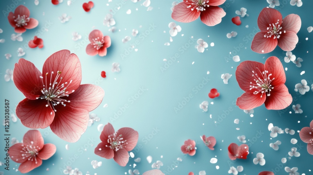 Delicate Pink Cherry Blossoms Floating on a Soft Blue Background Delicate Pink Cherry Blossoms Floating on a Soft Blue Background