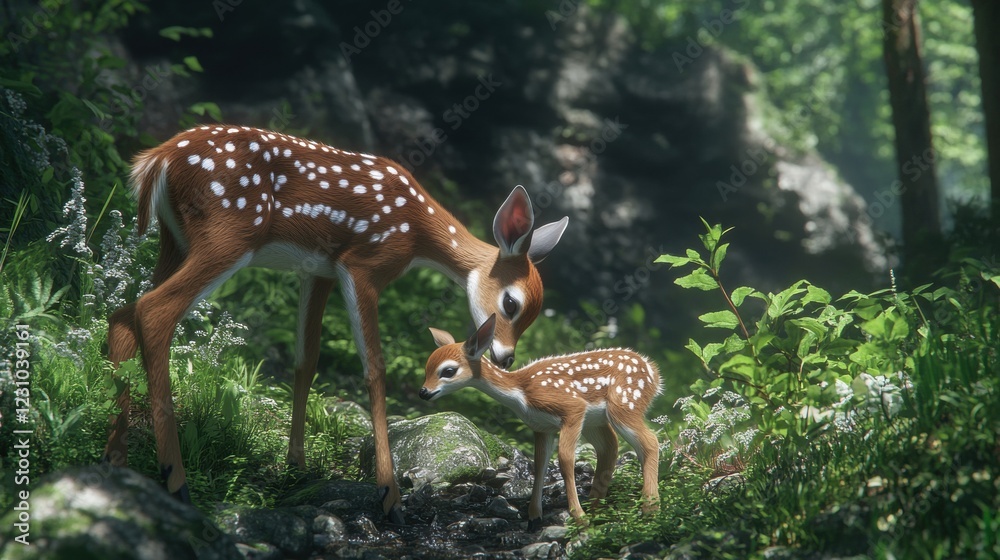 Tender Moment Between Deer and Fawn in a Lush Forest Setting Tender Moment Between Deer and Fawn in a Lush Forest Setting