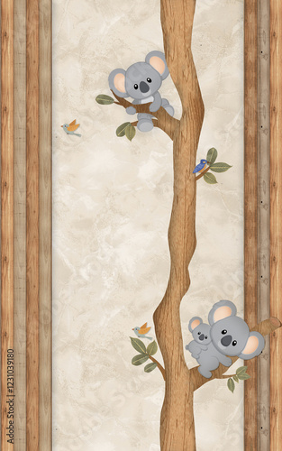 Photography tree on the wall, a decorative design with cute koala in the tree for wall tiles
