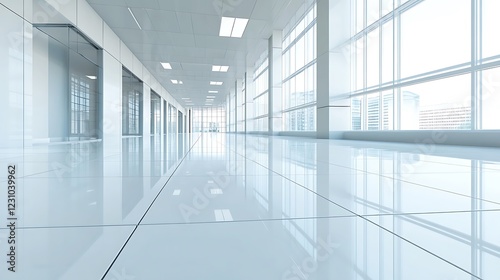 Modern Office Building Corridor With Large Windows