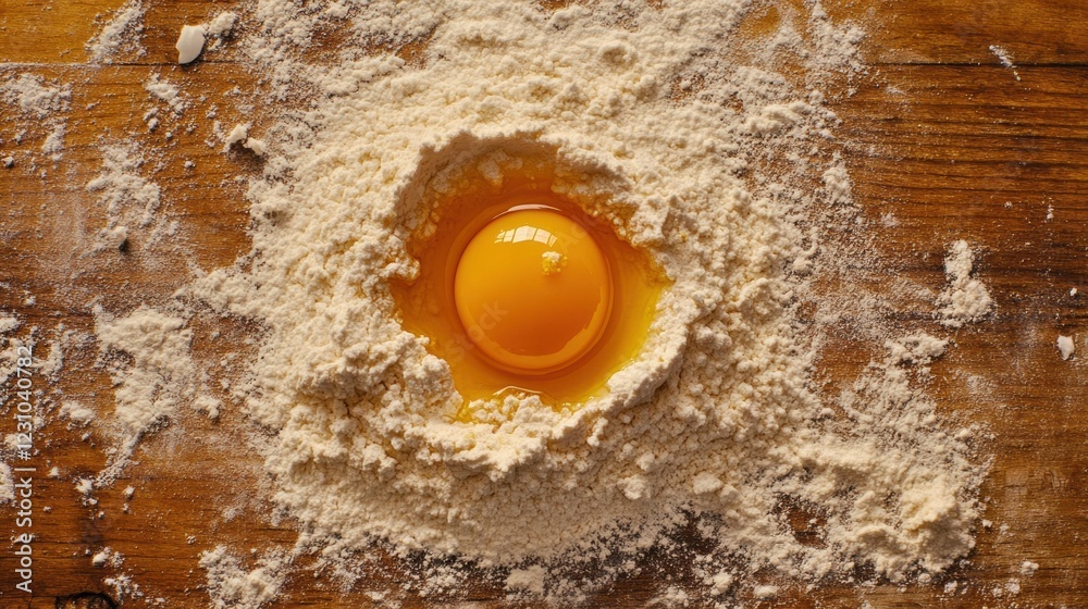 Egg Yolk Surrounded by Flour on Wooden Countertop for Baking Egg Yolk Surrounded by Flour on Wooden Countertop for Baking