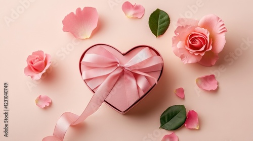 Pink Heart Shaped Gift Box Surrounded by Roses and Petals