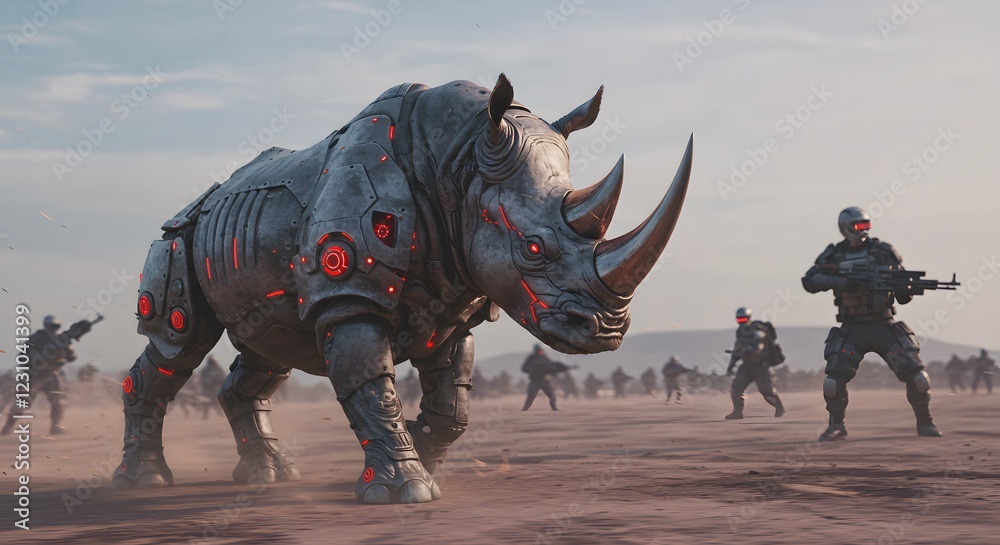 Fototapeta premium Cybernetic Rhino Charging Soldiers Sci Fi Artwork