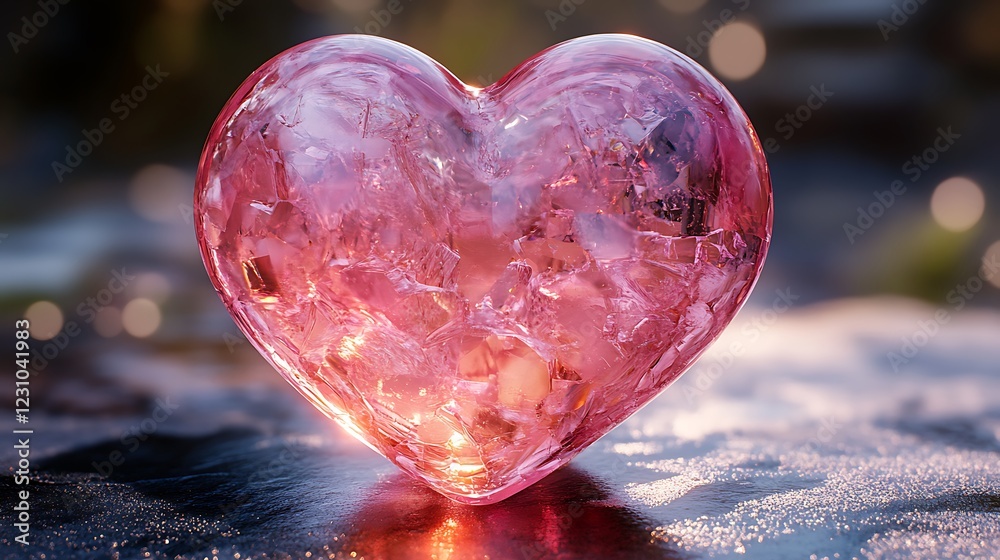 a translucent, pink, glass-like heart with a faceted surface, against a blurred background of similar colors a translucent, pink, glass-like heart with a faceted surface, against a blurred background of similar colors