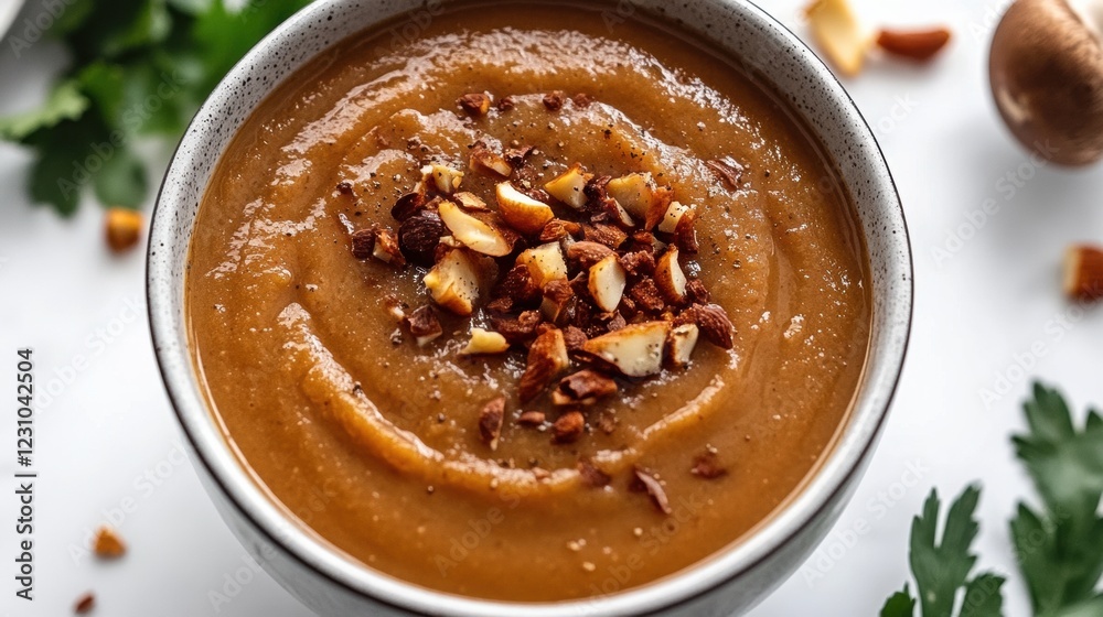 Creamy Delicious Soup with Chopped Nuts and Fresh Herbs in Bowl Creamy Delicious Soup with Chopped Nuts and Fresh Herbs in Bowl