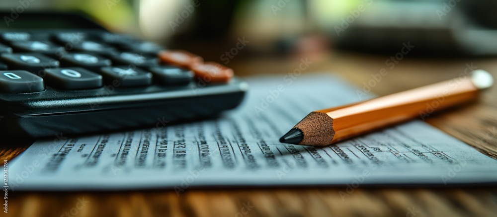 Fototapeta premium Close-up of calculator, pencil, and document.