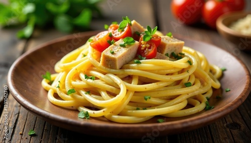 Pasta and tuna cooked al dente served on a rustic wooden plate, pastal, plate