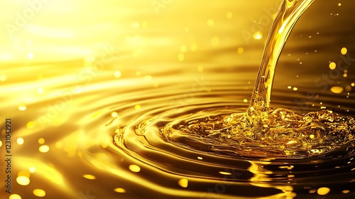 Golden Liquid Pouring Creates Rippling Surface