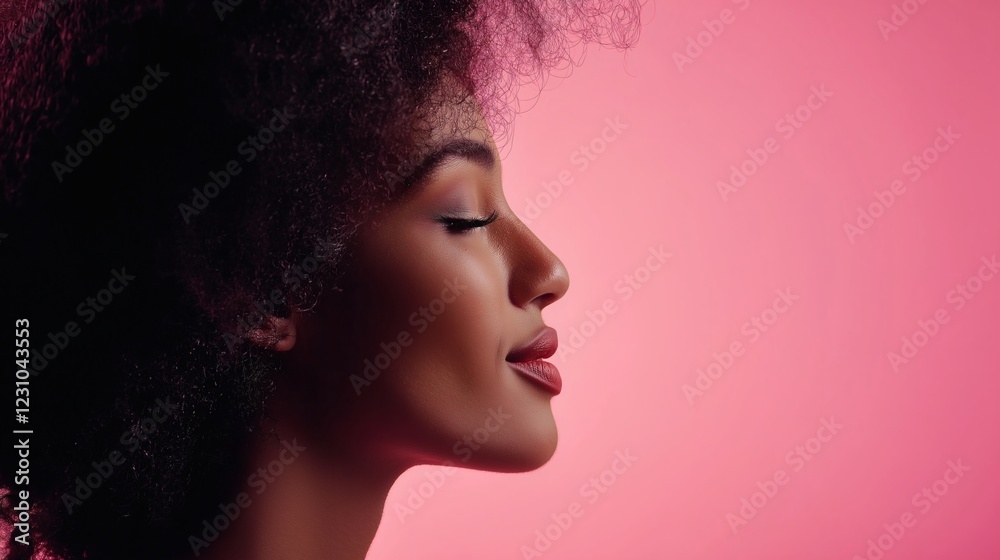 Side View of Woman with Curly Hair on Pink Background Side View of Woman with Curly Hair on Pink Background