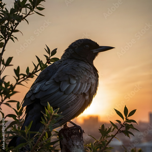 A black raven and a crow perched on separate branches, showcasing their dark feathers in the wild photo