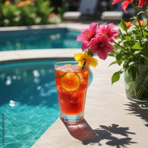 Poolside with an ap?ritif drink in a colorful glass next to a blooming flower, flowers, garden, beverage photo