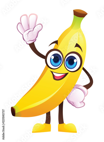 Cute banana character waving happily. Vector cartoon illustration