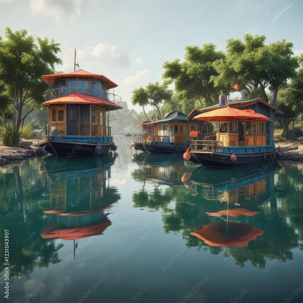 Obraz premium Quirky houseboats with umbrellas floating on calm waters, structures, whimsical, waters, floating