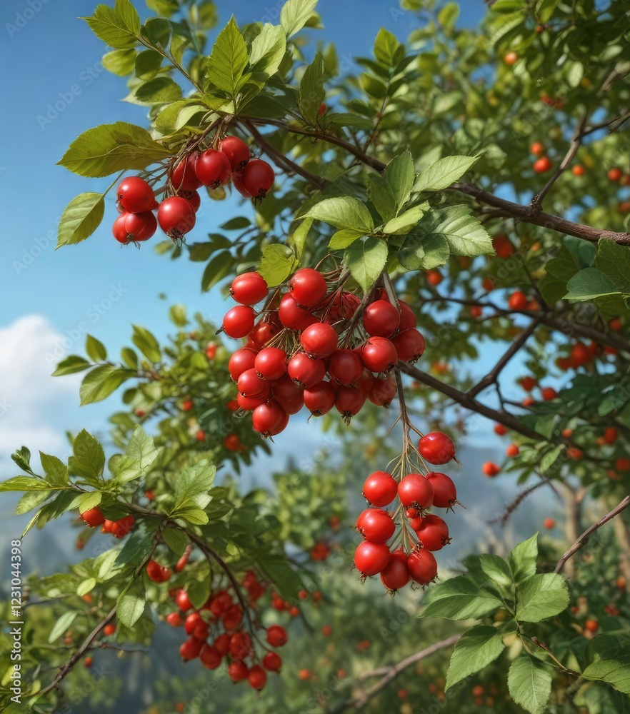 Red ripe berries hanging from the branch of a rose hip bush, nature, foliage Red ripe berries hanging from the branch of a rose hip bush, nature, foliage