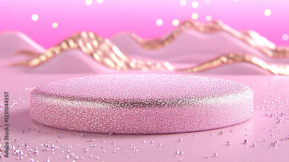 Glittering Pink Product Display Platform Against Soft Pink Mountains Glittering Pink Product Display Platform Against Soft Pink Mountains