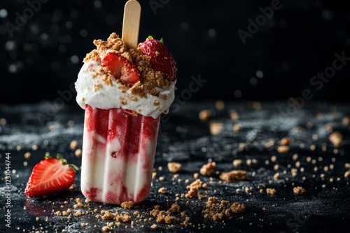 Strawberry ice cream pop with whipped cream and crumble topping. photo
