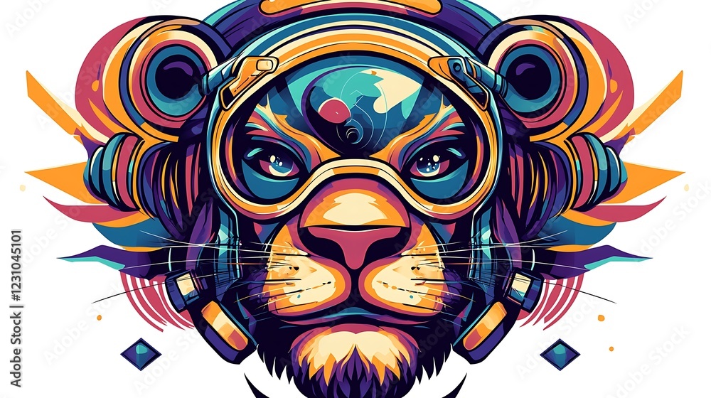Obraz premium Colorful illustration of a lion wearing futuristic headphones, set against a vibrant abstract background