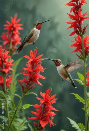 Ruby throated Hummingbirds perched on a red cardinal flower stem , nature, colorful, stem