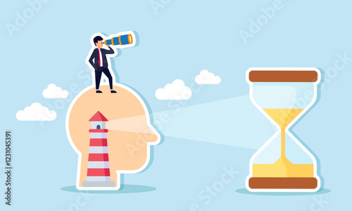 A businessman peering through a telescope from atop a head contain a lighthouse, its light shining on an hourglass ahead, illustration of analyst in perform business tasks efficiently