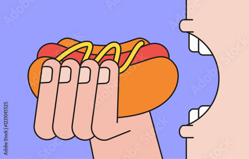 Eating Hot dog with mustard being held and put into the mouth cartoon hand drawn illustration vector ideal for food and snack themes