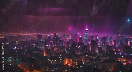 Neon City Skyline in Rain, looping 4k time-lapse virtual video animation Generated AI. Cinematic.