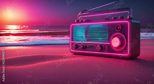 Sunset Radio and Neon Glow, looping 4k time-lapse virtual video animation Generated AI. 3d render.