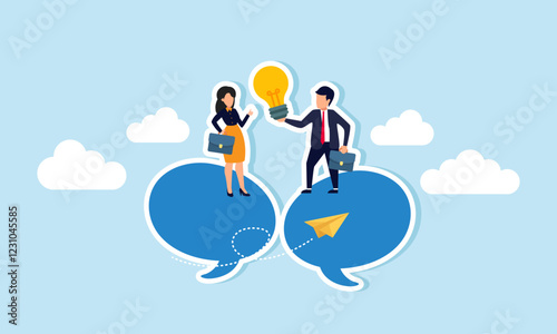 A businessman carries a lamp, and another businessman gives appreciation with a thumbs-up, both standing on a text dialog, illustration of sharing business ideas