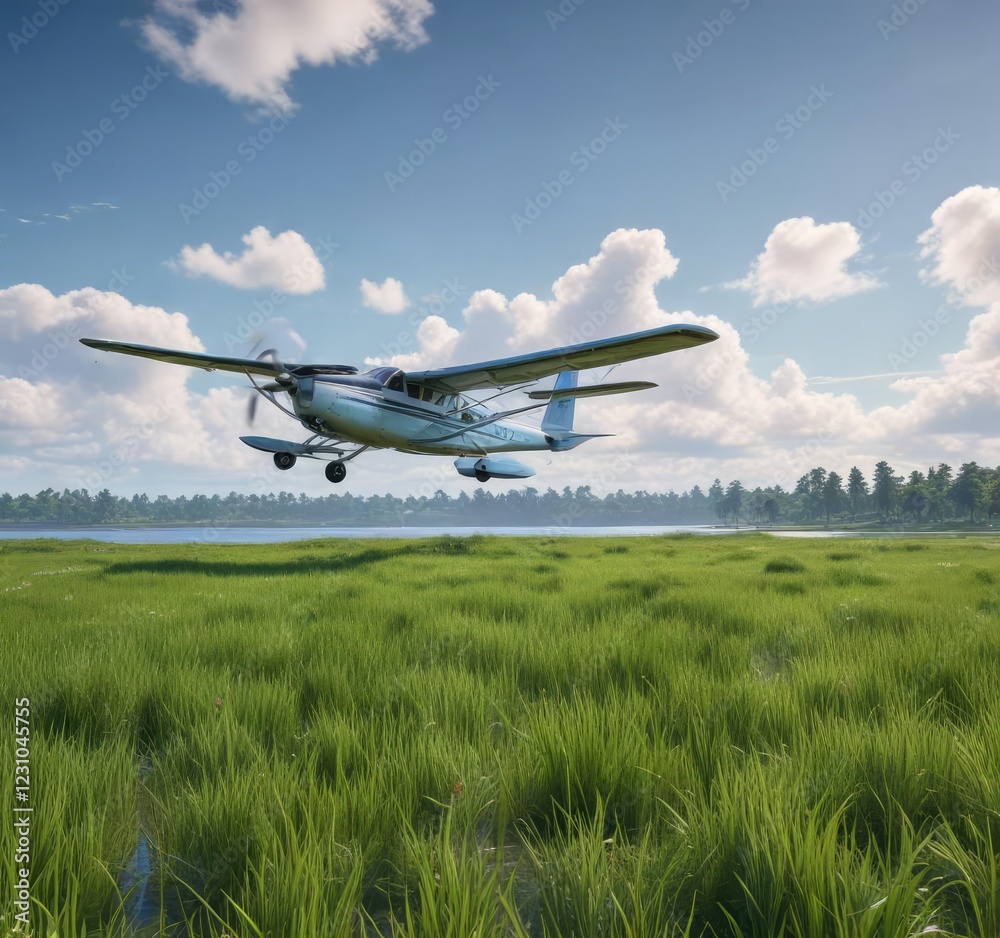 Seaplane gliding effortlessly above a flat expanse of green grass with a clear blue sky , seaplane, aircraft Seaplane gliding effortlessly above a flat expanse of green grass with a clear blue sky , seaplane, aircraft