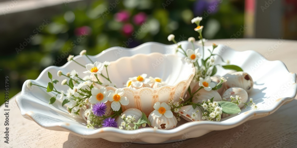 Fototapeta premium Seashell dish garnished with delicate flowers and greenery in a serene outdoor setting, water feature, serenity now