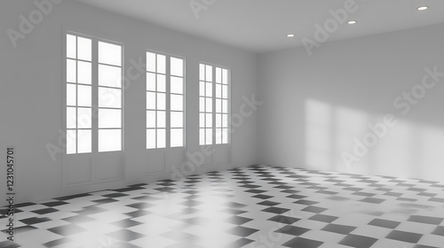Minimalist Room Interior Design With White Walls And Checkered Floor