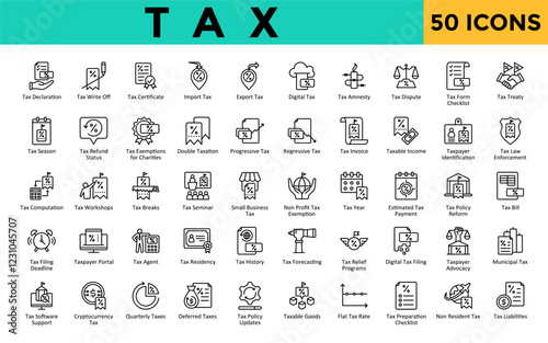 Tax icons set with tax declaration, tax write off, tax certificate, import tax, export tax, digital tax, tax amnesty, tax dispute, tax form checklist, tax treaty icon. Simple line vector 
