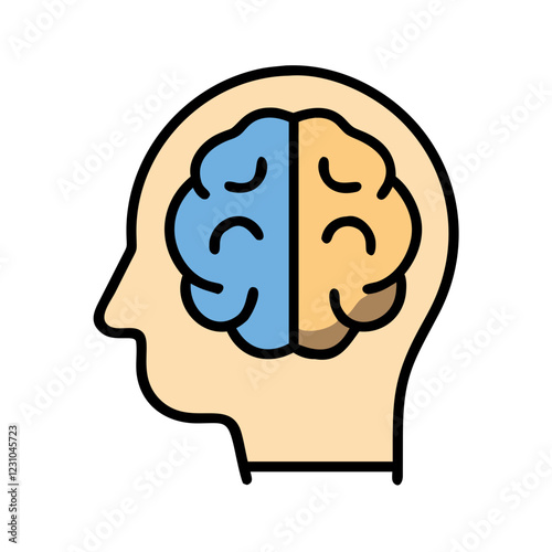 Brain icon with blue and beige colors illustrating cognitive function and creativity in a human head silhouette