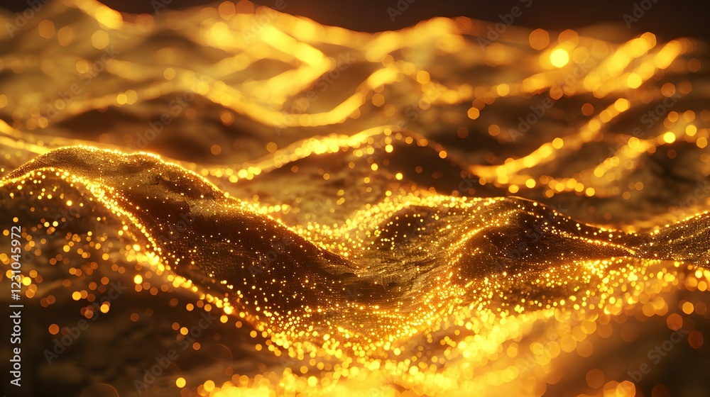 Fototapeta premium A shimmering, golden landscape with undulating waves and sparkling particles.