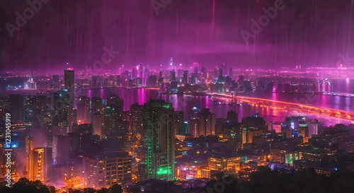 Vibrant Lights in Rainy City, looping 4k time-lapse virtual video animation Generated AI. Cinematic.