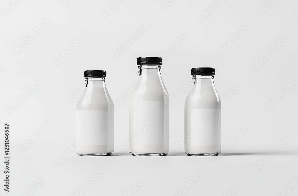 Three glass milk bottles with blank labels, varying sizes, on white background. Three glass milk bottles with blank labels, varying sizes, on white background.