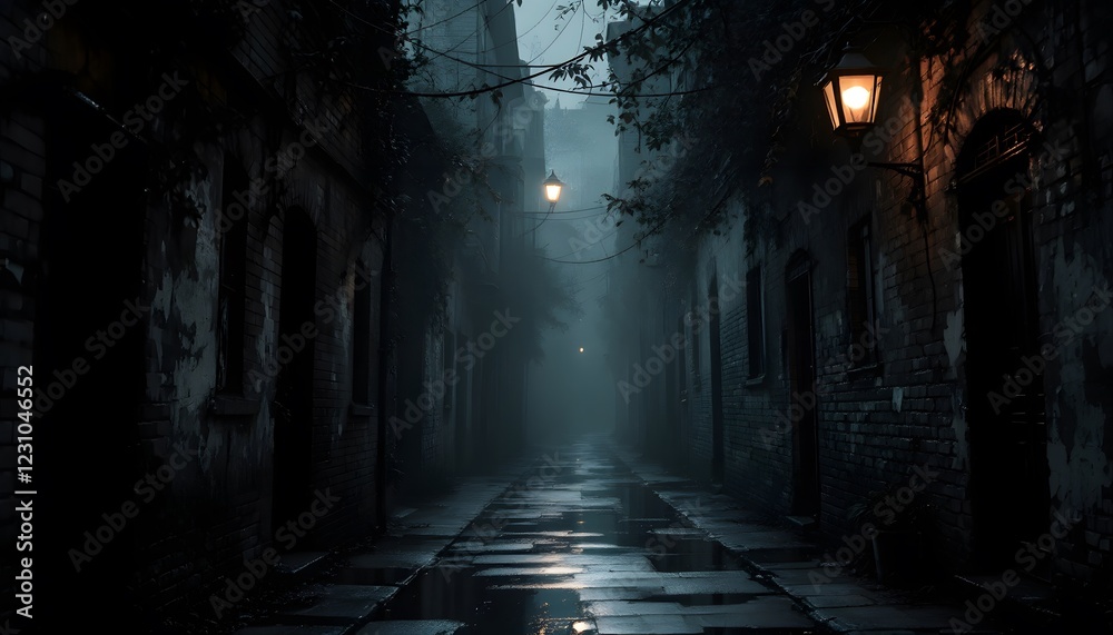 Fototapeta premium Dark Foggy Alleyway With Glowing Streetlights