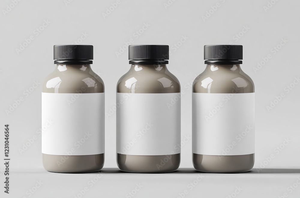 Three brown glass bottles with blank white labels on a gray background.
