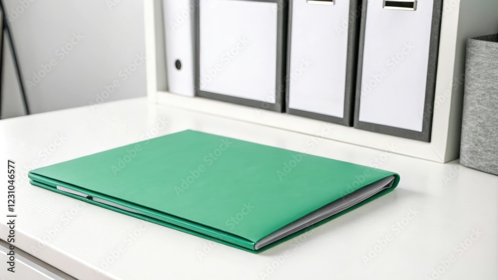 Single green folder placed on a white surface with grey frame, office supplies, file holder, desk organizer Single green folder placed on a white surface with grey frame, office supplies, file holder, desk organizer