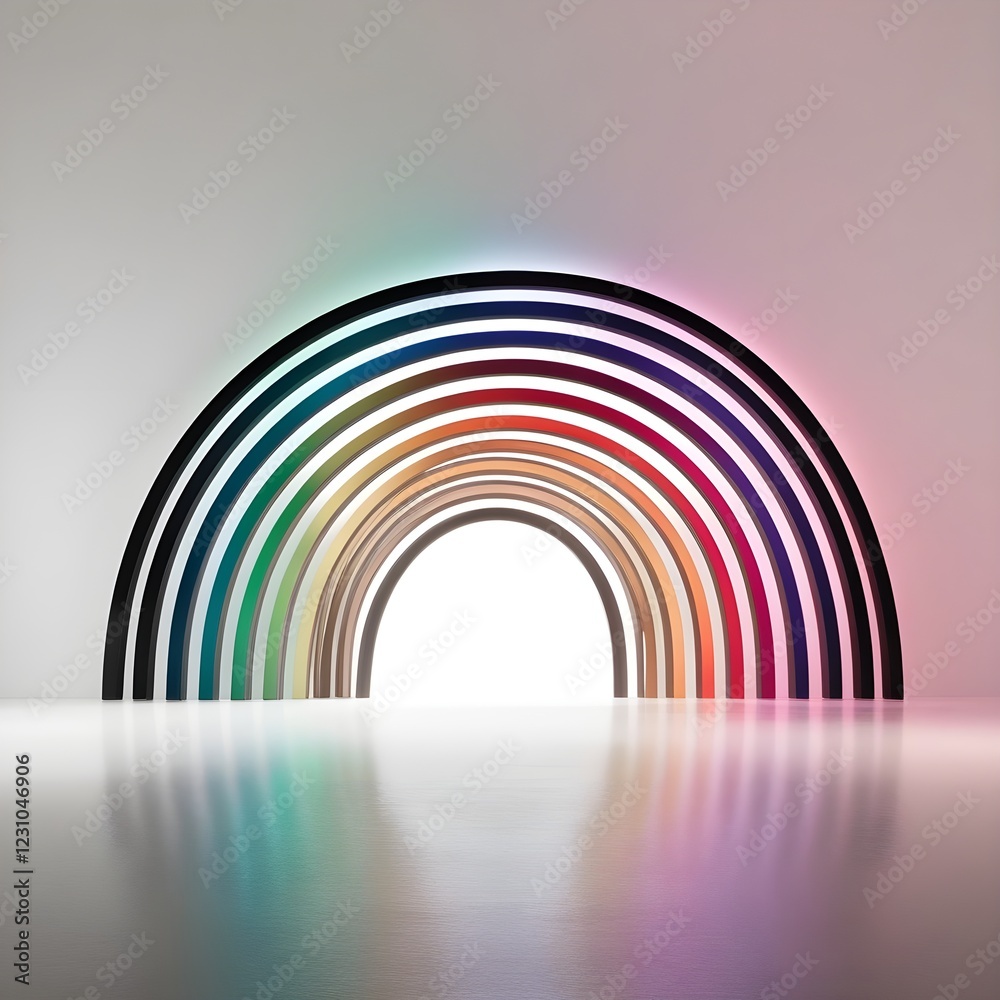 A series of concentric arcs in various colors create a vibrant rainbow effect against a plain background. Light reflects on the smooth floor, enhancing the spectrum of hues and adding a sense of depth