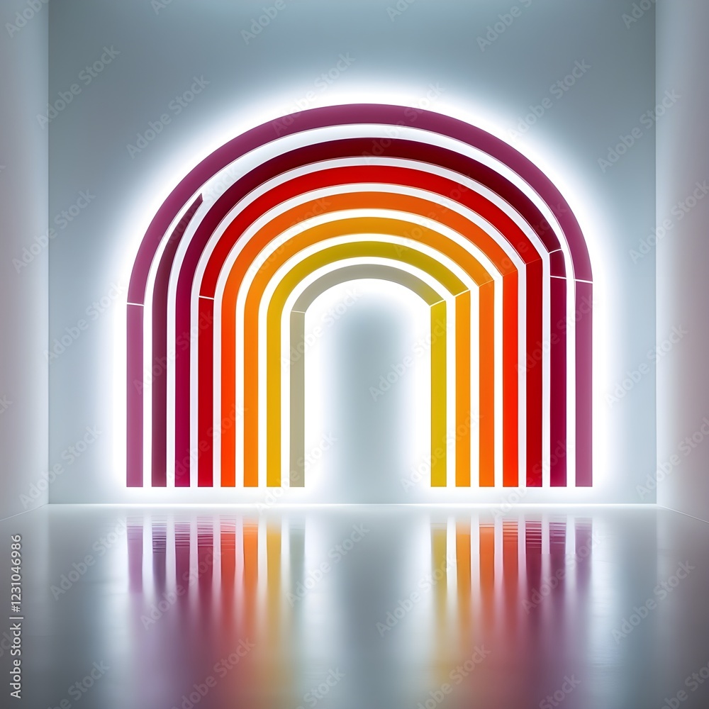Fototapeta premium A glowing rainbow-like installation is displayed on a sleek, reflective floor in a minimalist white room. The vibrant arcs of color transition from red to yellow, creating a striking visual impact.
