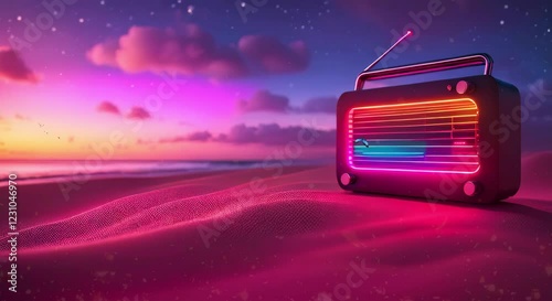 Neon Radio on the Beach, looping 4k time-lapse virtual video animation Generated AI. 3d render.