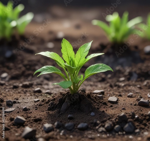 Small green shoot bursting forth from damp soil, botanical, nature