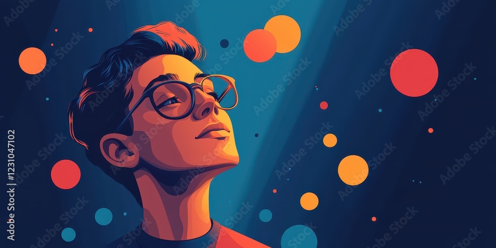 Vivid Digital Art Portrait Depicting a Person with Glasses Celebrating Colorful Creativity and Imagination with Abstract Circles on Blue Background Vivid Digital Art Portrait Depicting a Person with Glasses Celebrating Colorful Creativity and Imagination with Abstract Circles on Blue Background