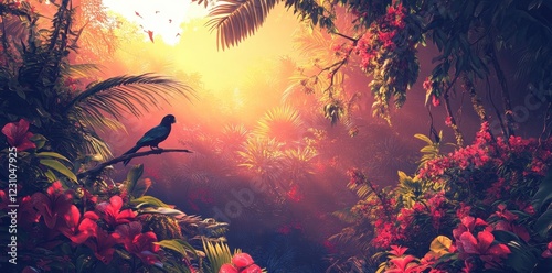 Tropical Bird Perched Amidst Lush Sunlit Flora