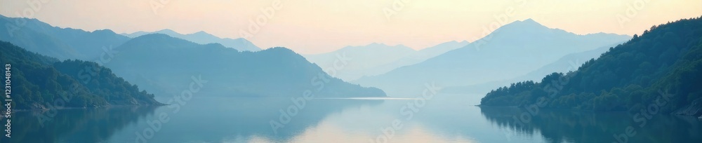 Soft focus on misty mountains creates a dreamy atmosphere, Breezy, Horizon, Water