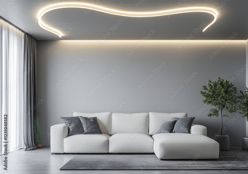 Fototapeta premium Modern living room with white sectional sofa, grey wall, and curved ceiling light.