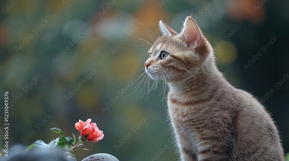A curious cat gazes thoughtfully at a blooming flower, surrounded by a soft, blurred background of nature. A curious cat gazes thoughtfully at a blooming flower, surrounded by a soft, blurred background of nature.