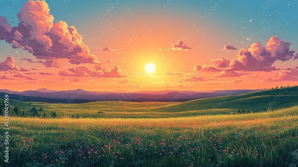 Fototapeta premium A Mesmerizing Sunset Casting Warm Hues Over Rolling Hills and Vast Meadows Underneath a Vibrant Sky with Billowy Clouds and Forested Background
