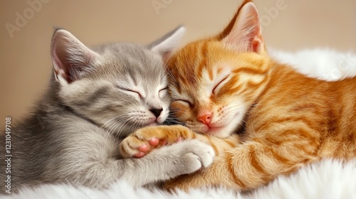 Wallpaper Mural Two adorable kittens, one gray and one orange, sleep peacefully together on a soft surface, showcasing their cute and cozy bond. Torontodigital.ca