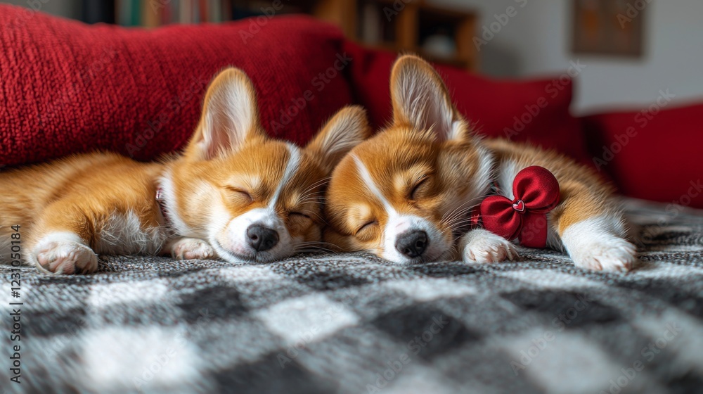 Two adorable corgis peacefully sleeping side by side on a cozy blanket, surrounded by a warm, inviting living room atmosphere. Two adorable corgis peacefully sleeping side by side on a cozy blanket, surrounded by a warm, inviting living room atmosphere.